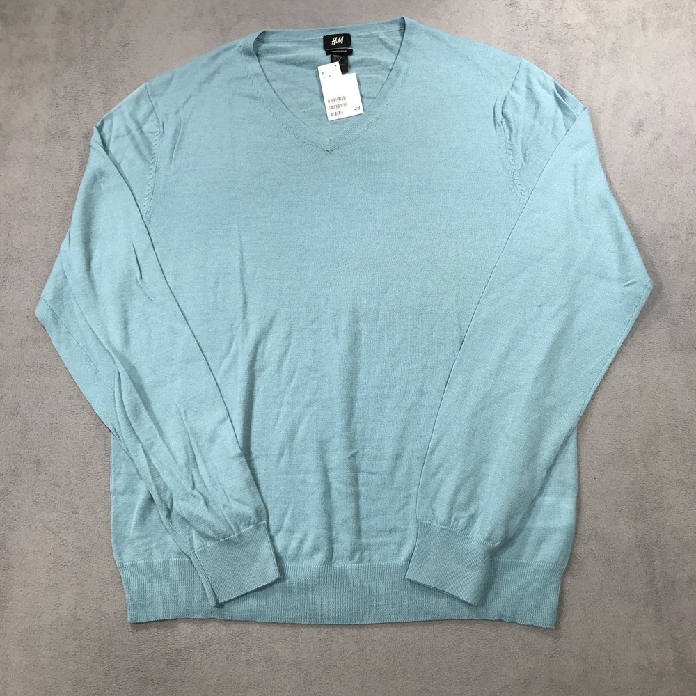 H&M Sweater Men's XL Blue Merino Wool Lightweight Breathable V Neck NEW